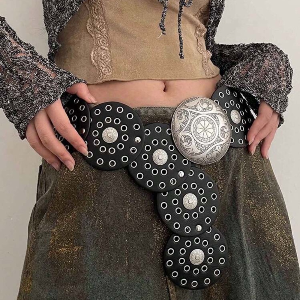 Boho Black Silver Vegan Leather Grommet Statement Round Disc Buckle Wide Belt